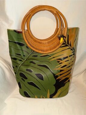 Fossil Forever Rare Vintage Canvas Tropical Foliage Tote with Wicker Handles